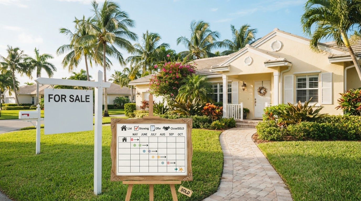 Florida home with For Sale sign and calendar concept