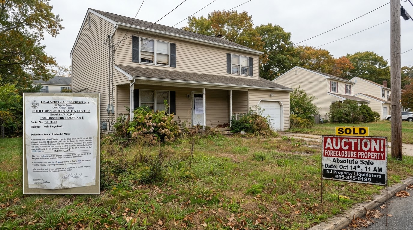 Foreclosed home with an auction sign and eviction notice in NJ or FL