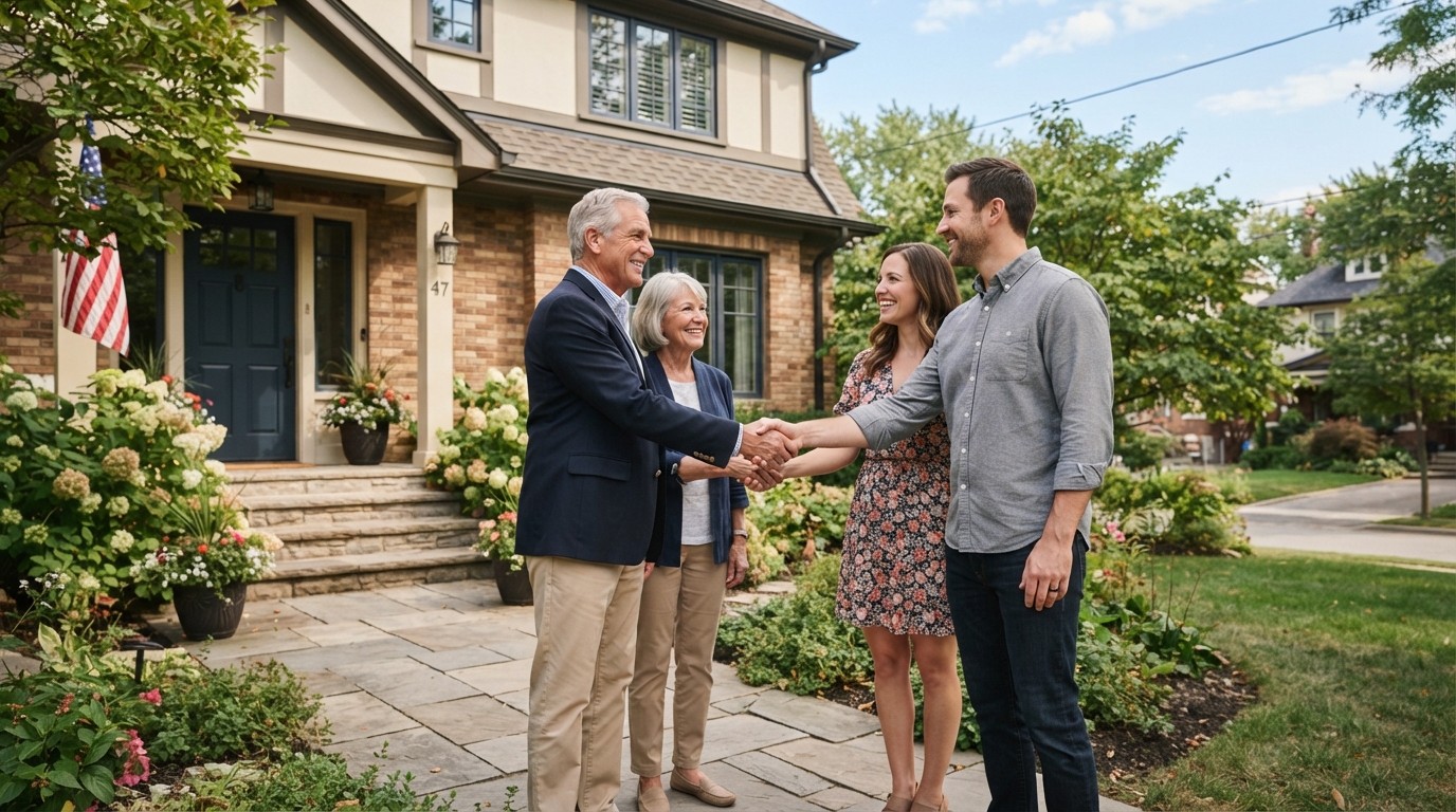Family members transferring a home, handshake in front of a house in NJ or FL