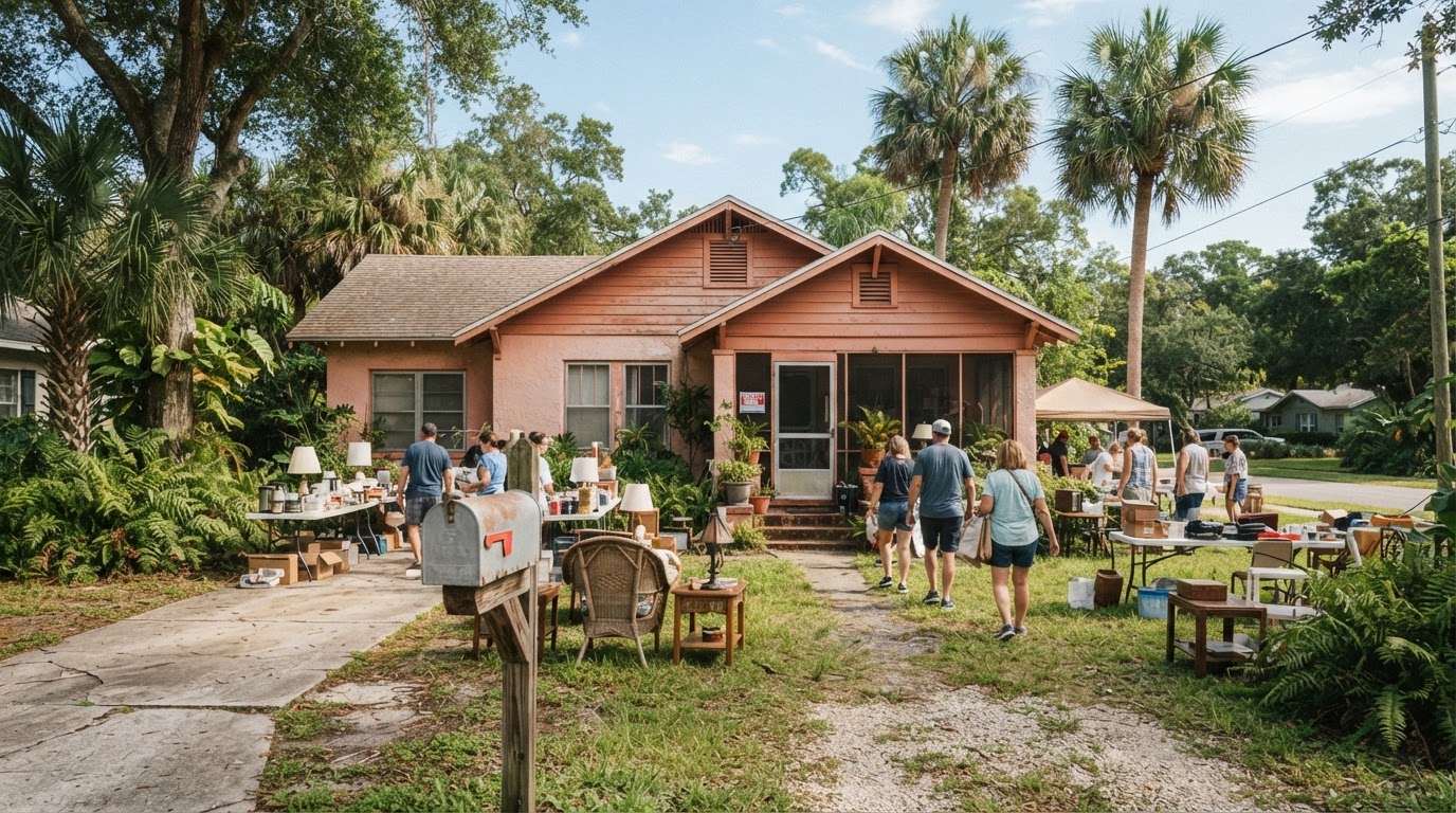 Inherited Florida home with palm trees and mailbox