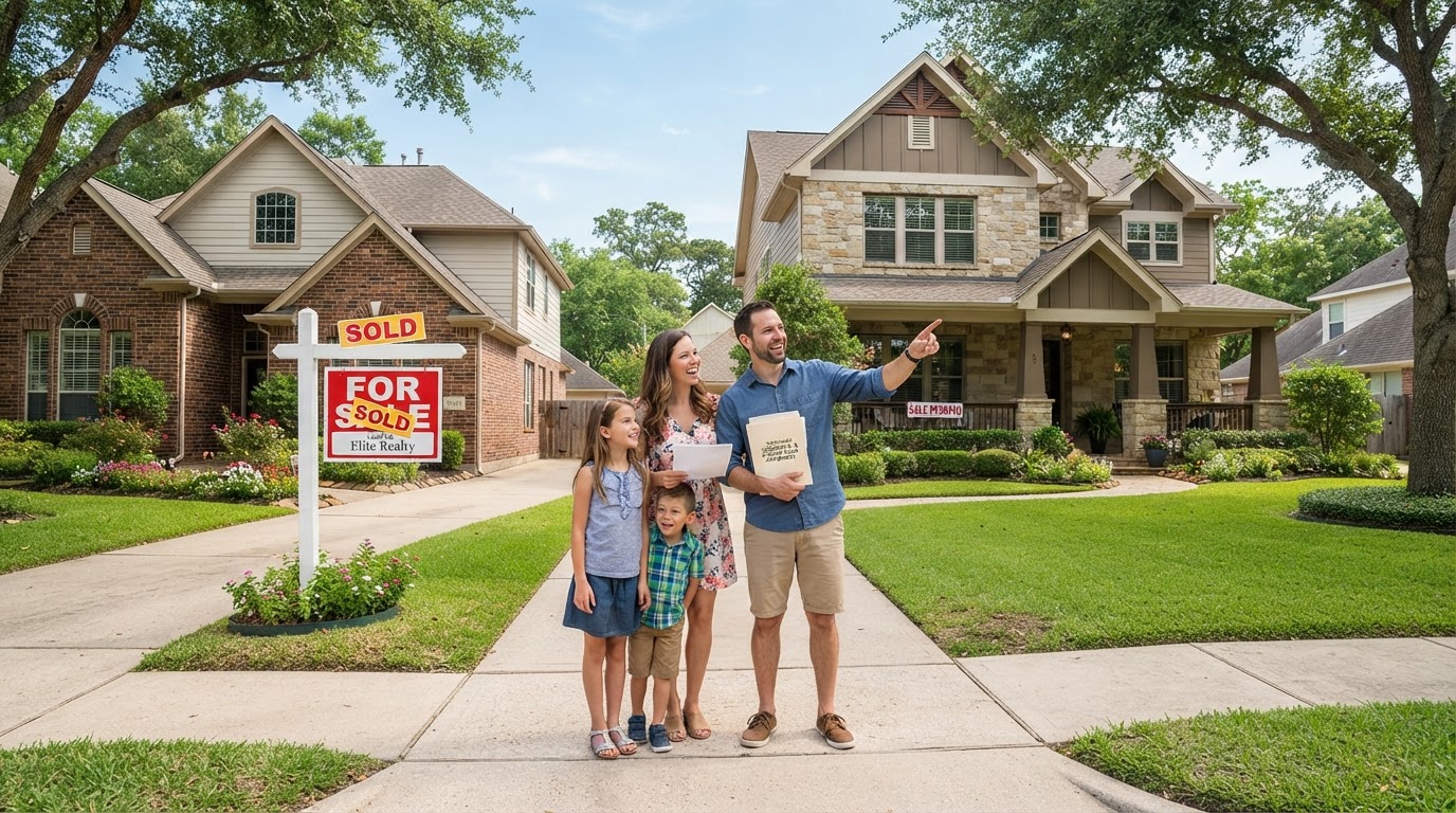 Family between two homes, one for sale and one to buy, representing buying before selling in NJ or FL