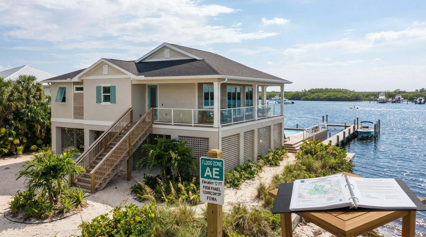 Coastal home in a flood zone in NJ or FL with FEMA flood map documents