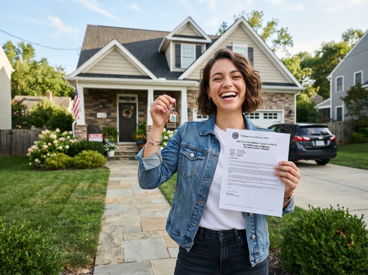 Happy first-time home buyer holding keys in front of a suburban home with a VA or USDA loan approval letter