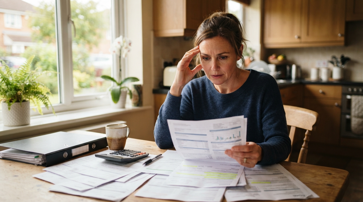 Homeowner reviewing mortgage and financial documents, pre-foreclosure guidance in NJ or FL