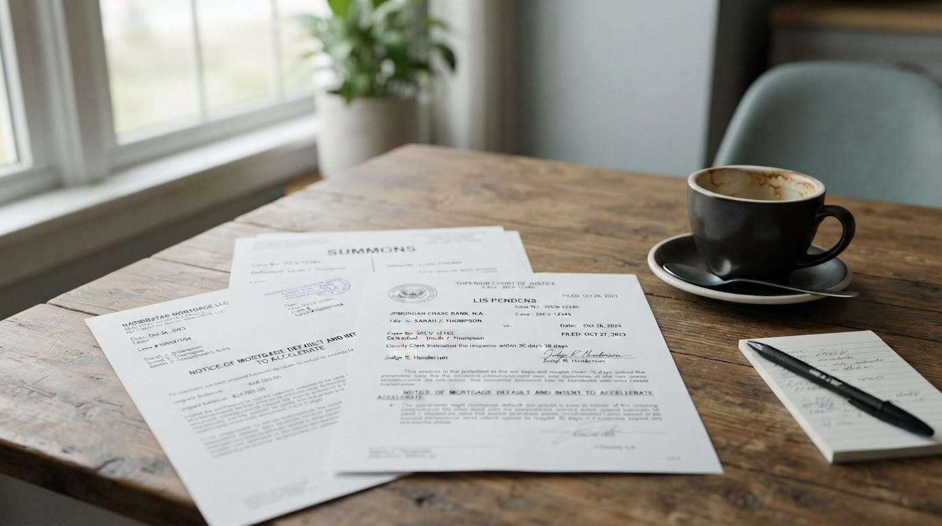Foreclosure notices, Lis Pendens, and court summons documents on a kitchen table in NJ or FL