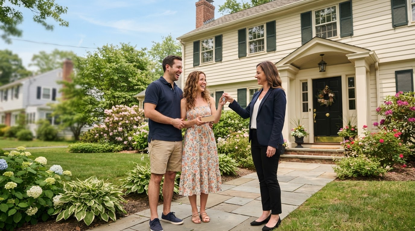 Happy couple receiving keys to their new New Jersey home from a real estate agent