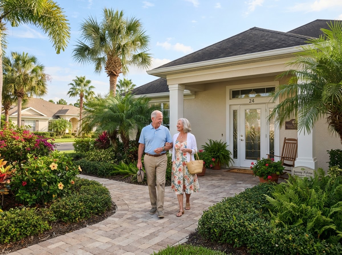 Welcoming Florida retirement home with a single-story layout, palm trees, and a senior couple walking toward the front door