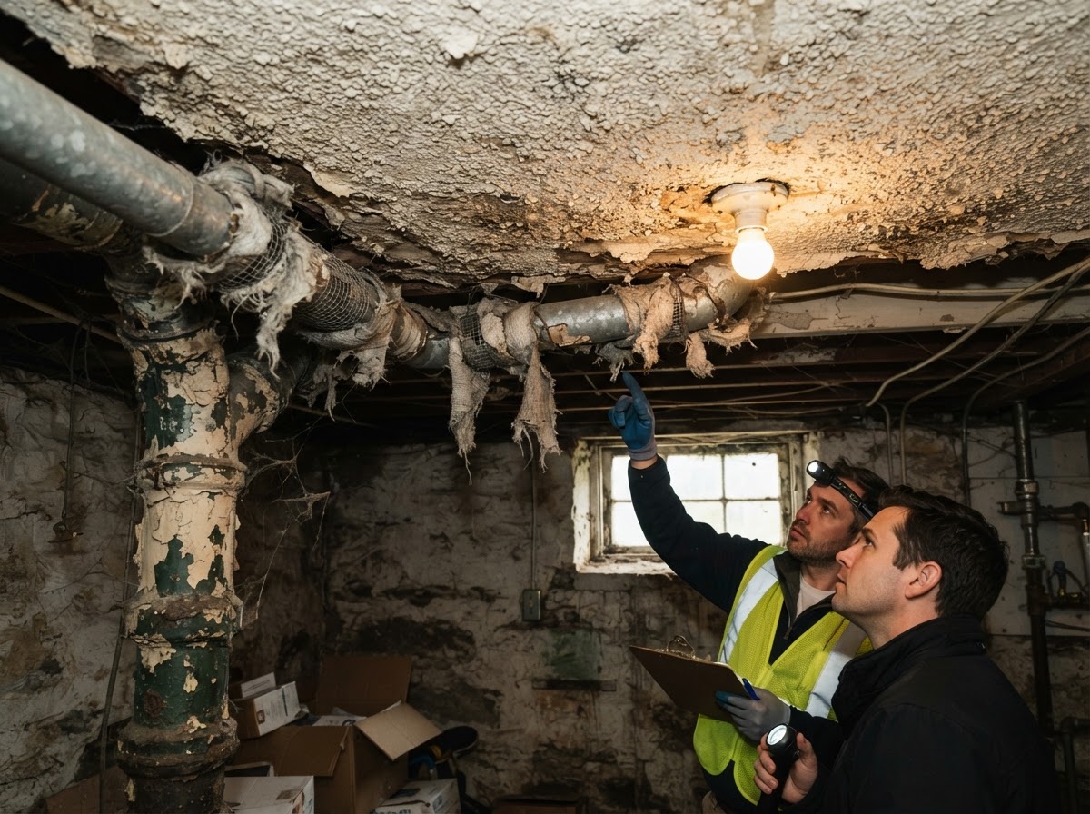 Older home interior with textured ceiling and pipe insulation representing asbestos and lead paint concerns