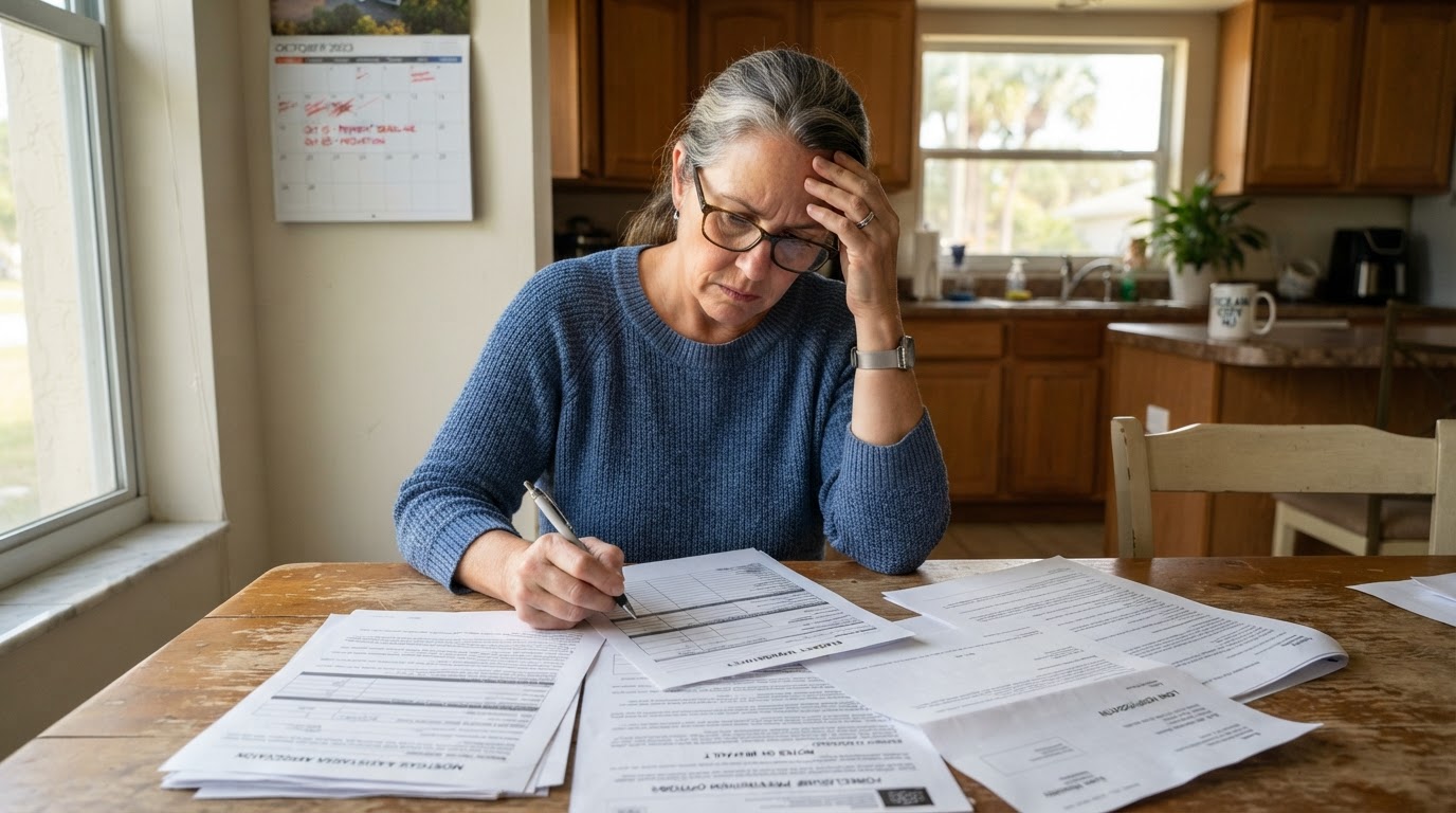 Homeowner reviewing foreclosure prevention documents and mortgage paperwork at a kitchen table in NJ or FL