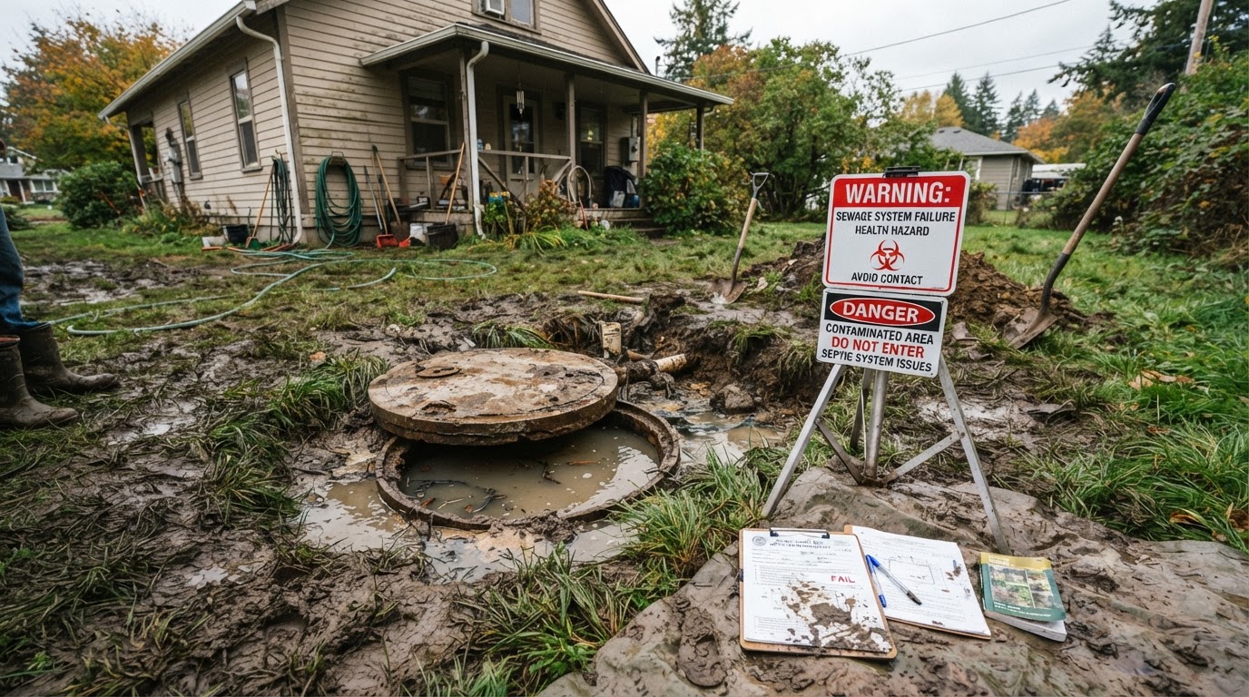 Failed septic system with exposed tank lid, soggy ground, and warning signs in the yard of a suburban home in NJ or FL