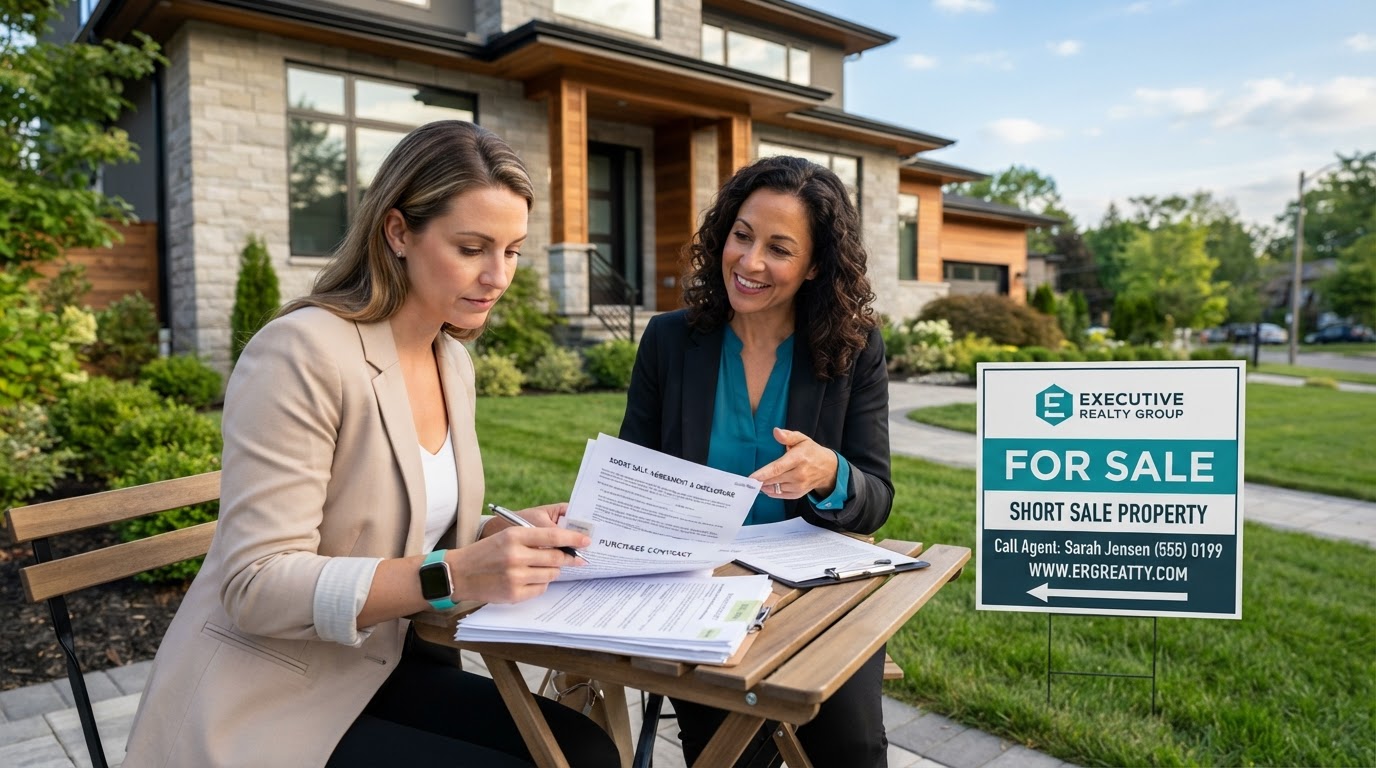 Buyer reviewing short sale property documents with a home for sale sign in NJ or FL