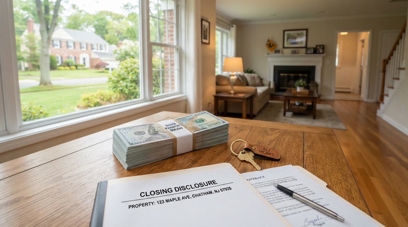 New Jersey home with down payment concept, cash and keys on a table