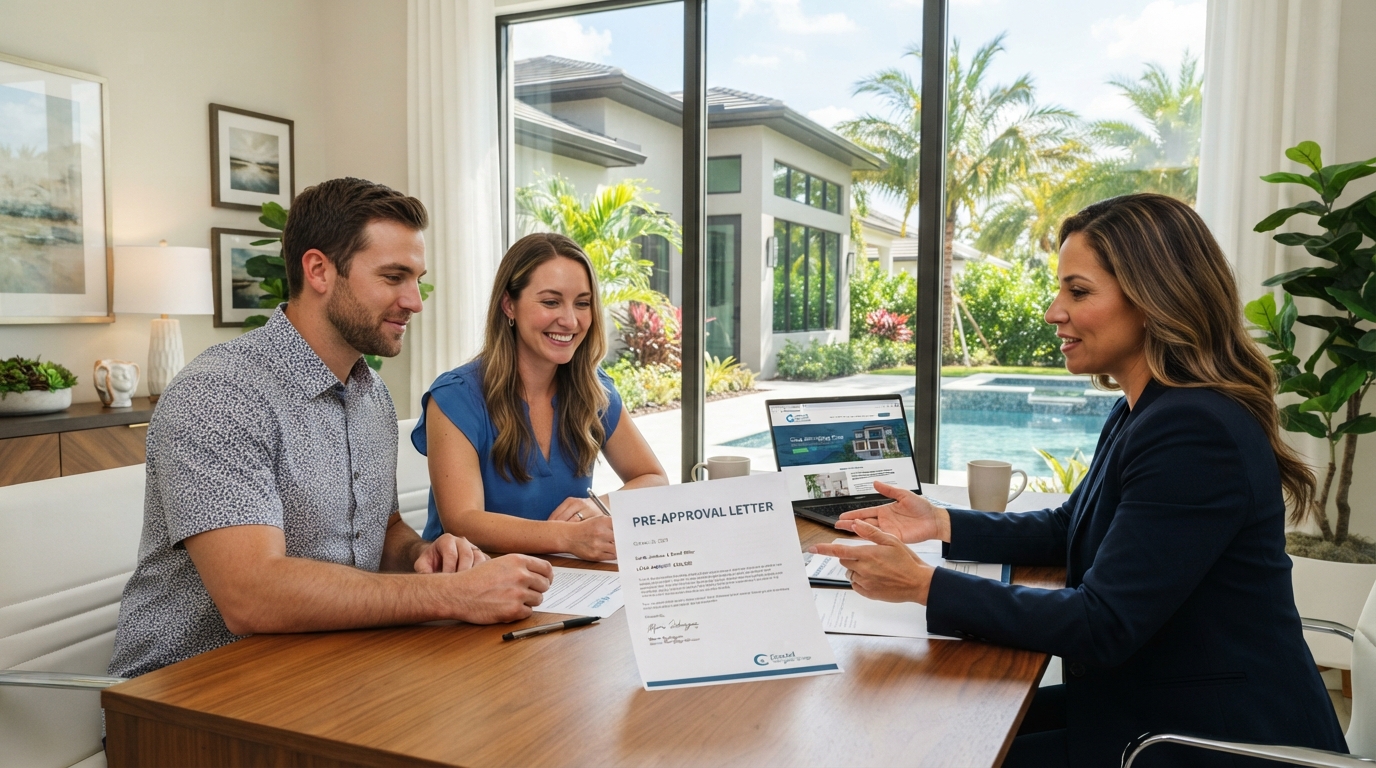 Mortgage pre-approval letter on a desk with a Florida home and palm trees visible through a window