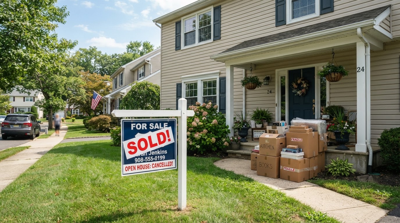 For Sale sign with a sold overlay and moving boxes on the porch of a suburban home, representing a fast home sale in NJ or FL