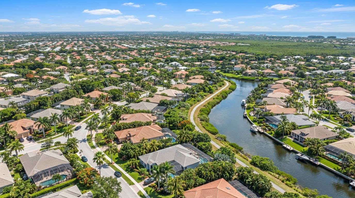Aerial view of South Florida suburban neighborhoods with palm trees and canals