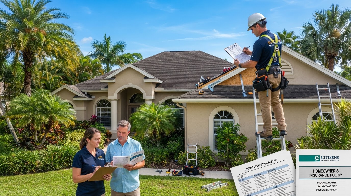 Florida home with wind mitigation inspection, insurance documents, and 4-point inspection report