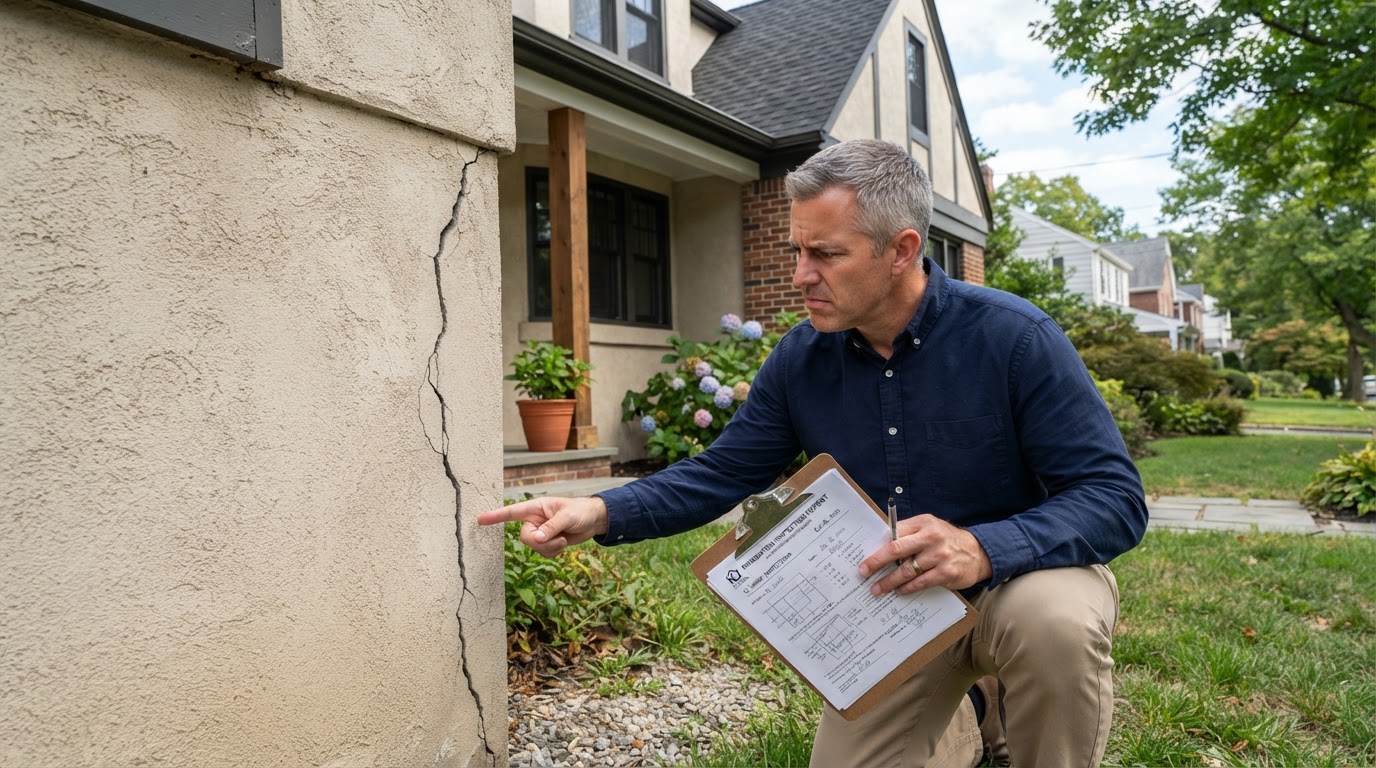 House with a visible foundation crack being inspected by a homeowner in New Jersey or Florida