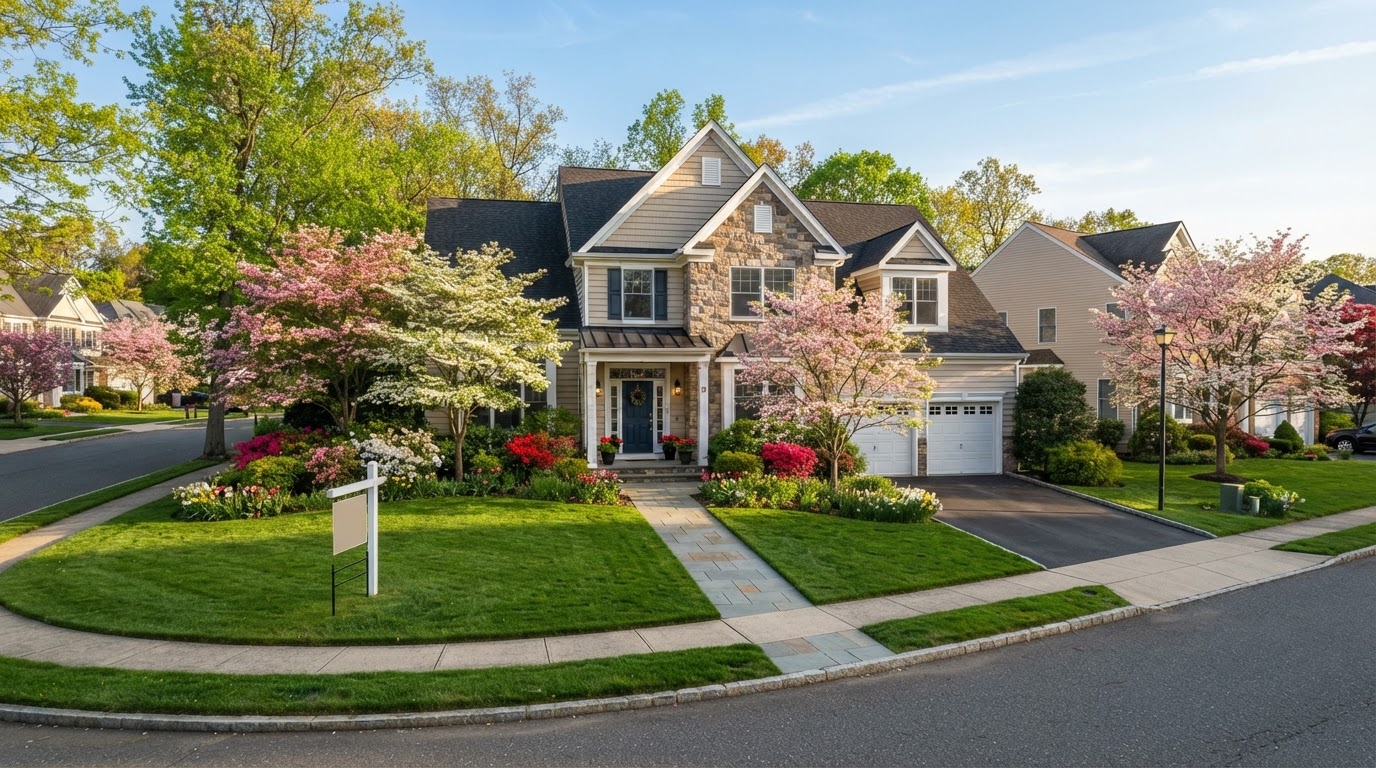 New Jersey home in spring with blooming trees and a For Sale sign
