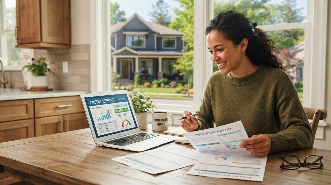 First-time home buyer reviewing credit report documents with a laptop in New Jersey or Florida