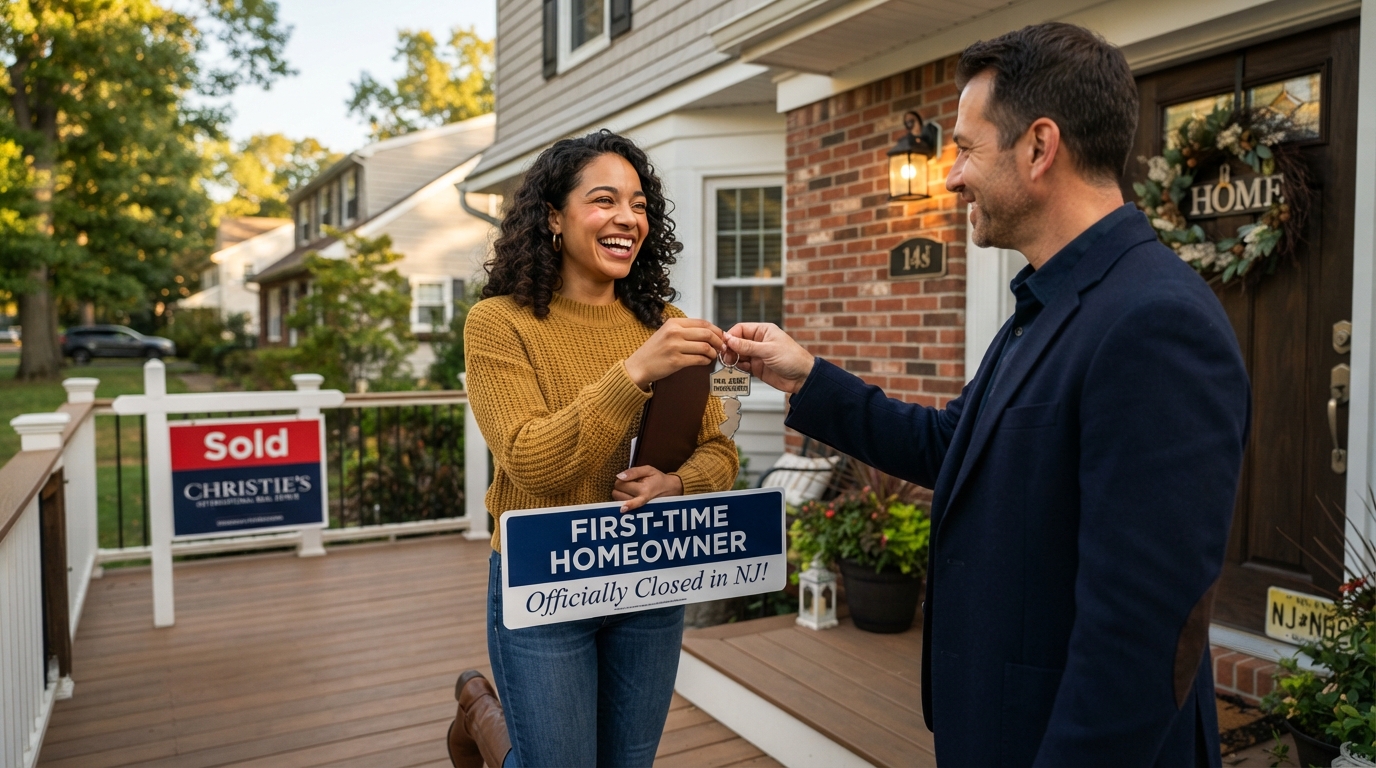 Happy first-time home buyer receiving keys to a New Jersey home