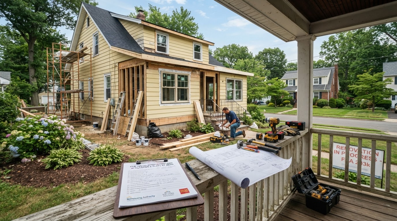 Fixer-upper home being renovated with FHA 203k loan documents in New Jersey or Florida