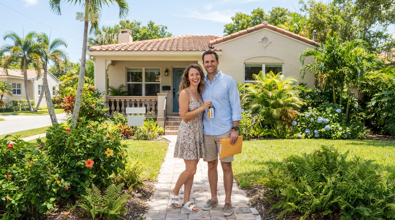 First-time home buyer standing in front of a Florida home with down payment assistance concept