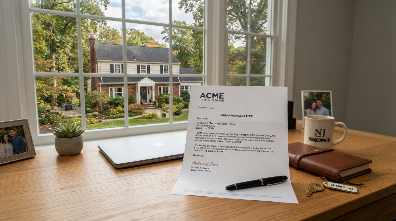 Mortgage pre-approval letter on a desk with a New Jersey home visible through a window