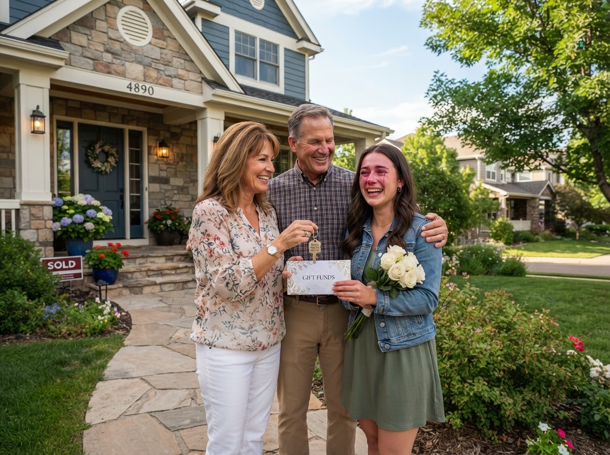 Happy family handing over a house key and gift envelope to a young first-time home buyer in front of a suburban home, representing buying a house with gift funds or gift of equity