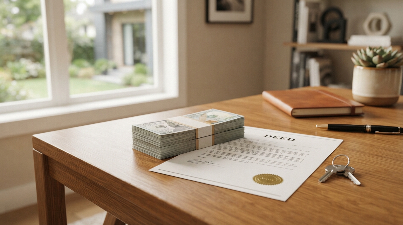Cash offer concept with cash and a house deed, real estate in NJ or FL
