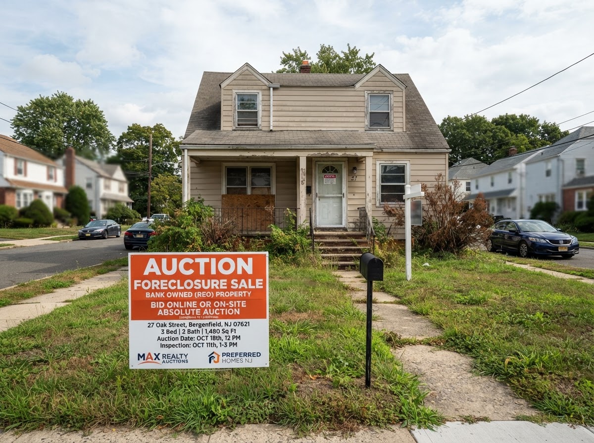 Bank-owned foreclosure property with a real estate auction sign in front