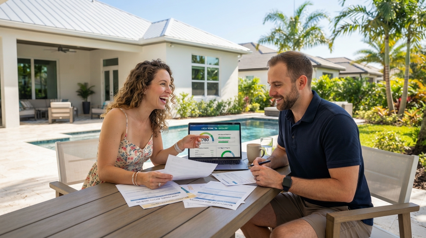 Credit score concept with a Florida home and palm trees visible through a window