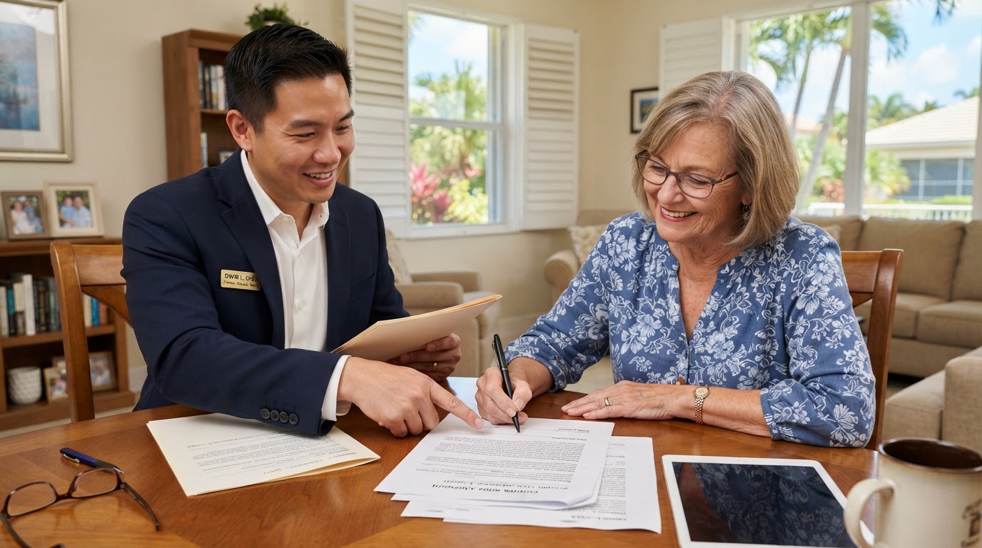 Seller signing a counter-offer document with a real estate agent for a home sale in NJ or FL