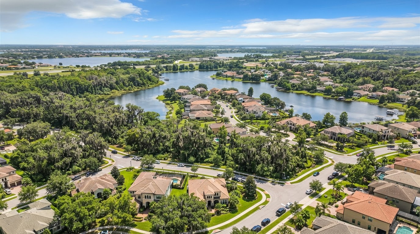 Aerial view of Central Florida communities with lakes and oak trees
