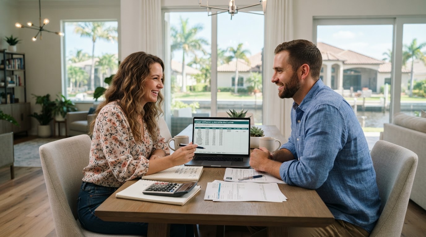 Couple reviewing a budget worksheet and mortgage affordability calculator in New Jersey or Florida