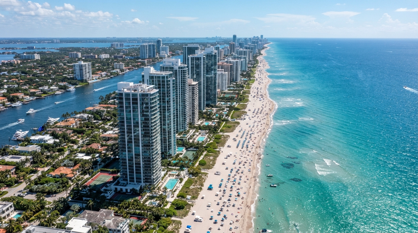 Aerial view of Florida Atlantic Coast beachfront communities with oceanfront condos