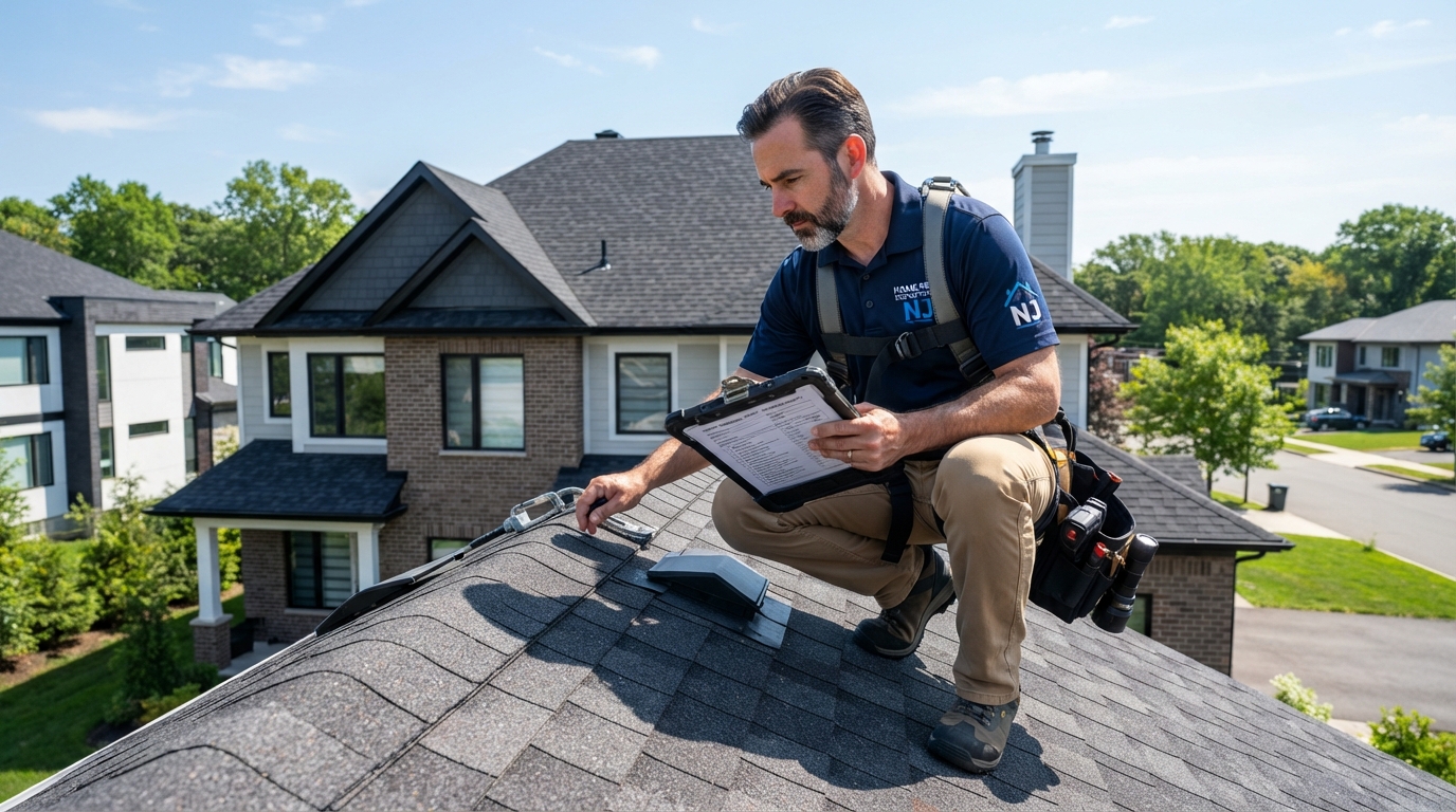 New Jersey home inspector examining a roof with a clipboard