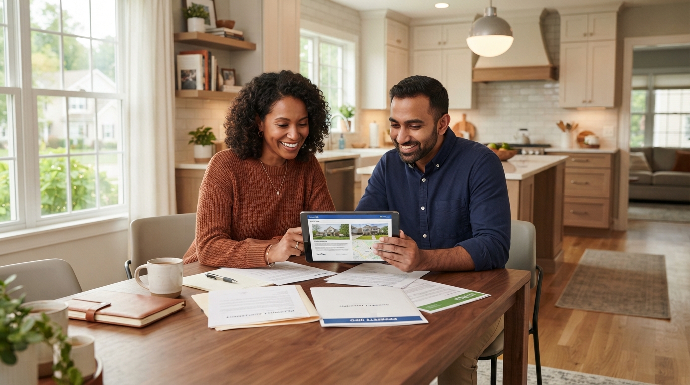 Homeowners reviewing real estate options at a kitchen table