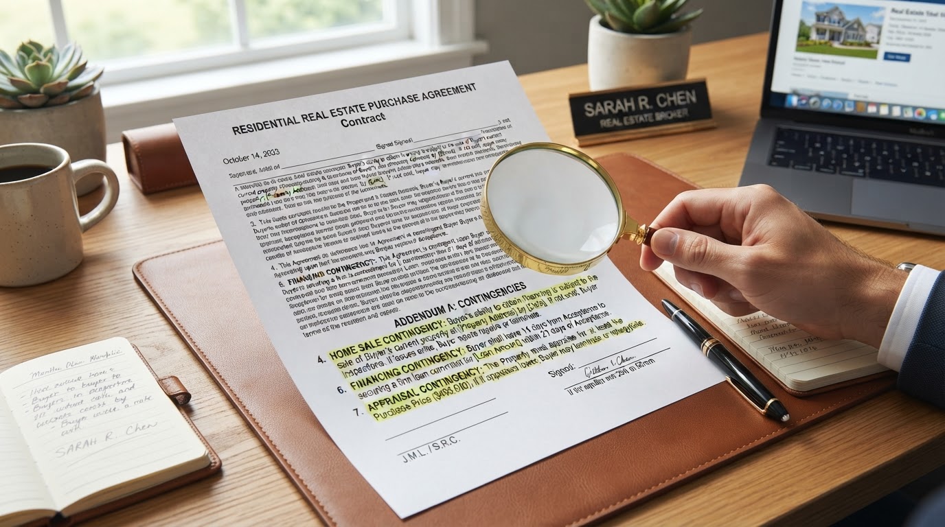 Real estate contract document with highlighted contingency clauses for a home sale in NJ or FL