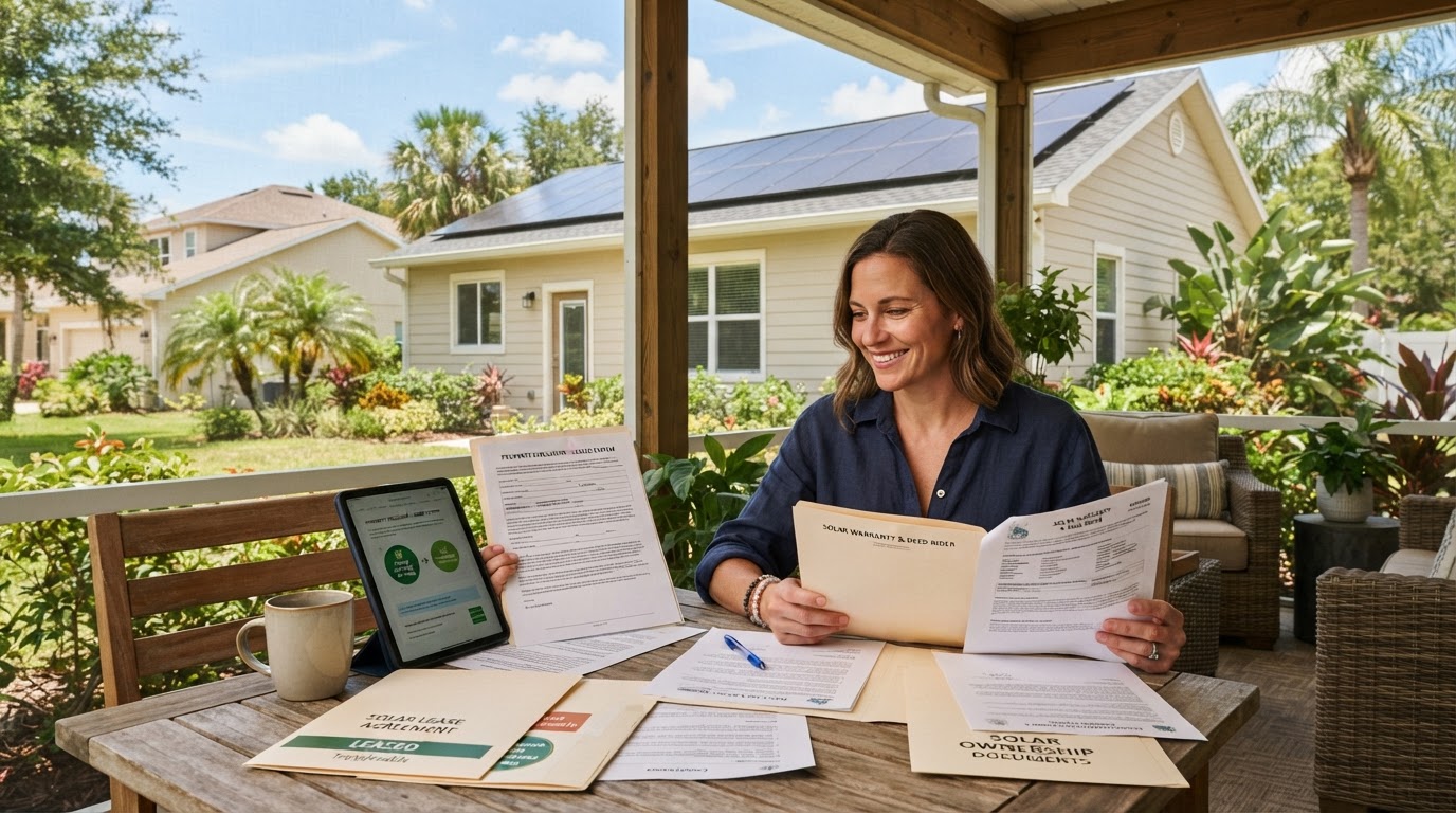 Home with rooftop solar panels and lease vs ownership documents in New Jersey or Florida