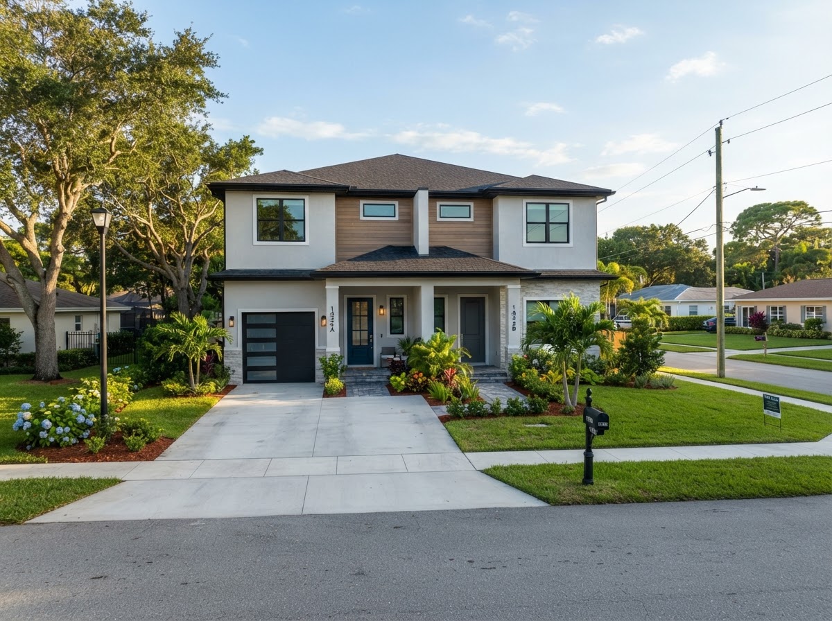 Modern two-family duplex home with two separate entrances, representing house hacking and multi-family property investment in New Jersey or Florida