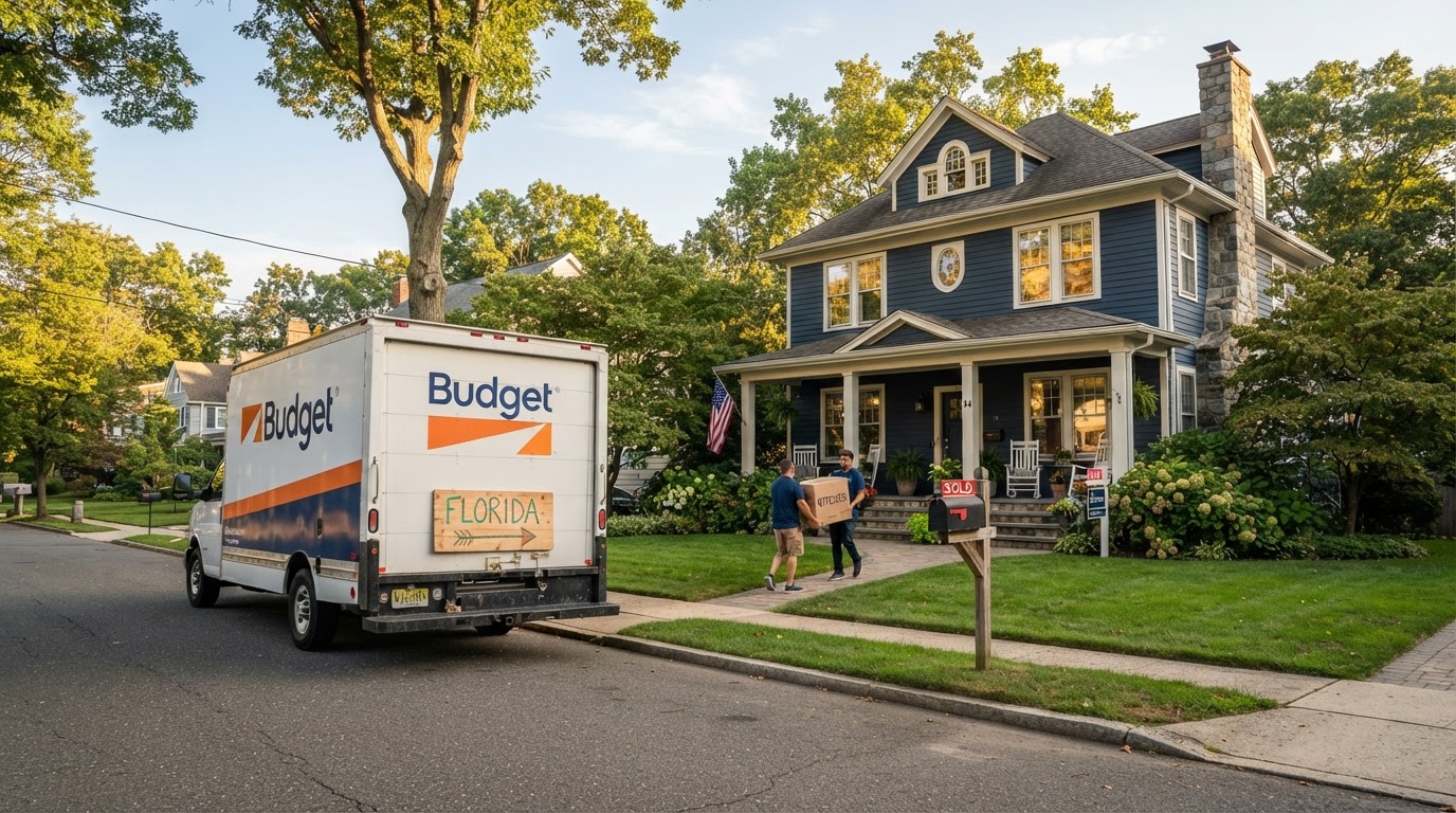 Moving truck outside a New Jersey home, relocation to Florida concept