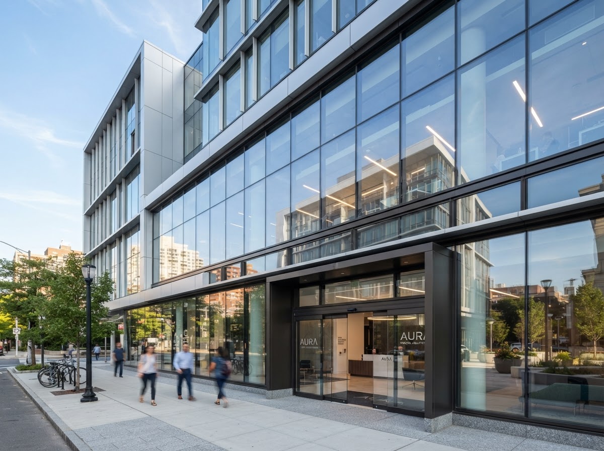 Modern architectural glass building with aluminum storefront installed by Northern Utah Glass