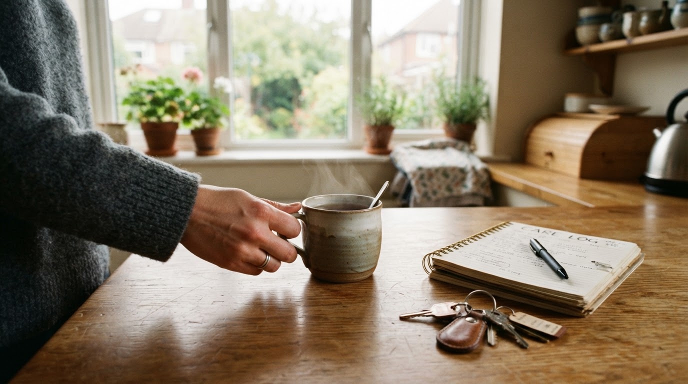 A carer's morning: a cup of tea, house keys and a care log notebook on a kitchen table in soft morning light