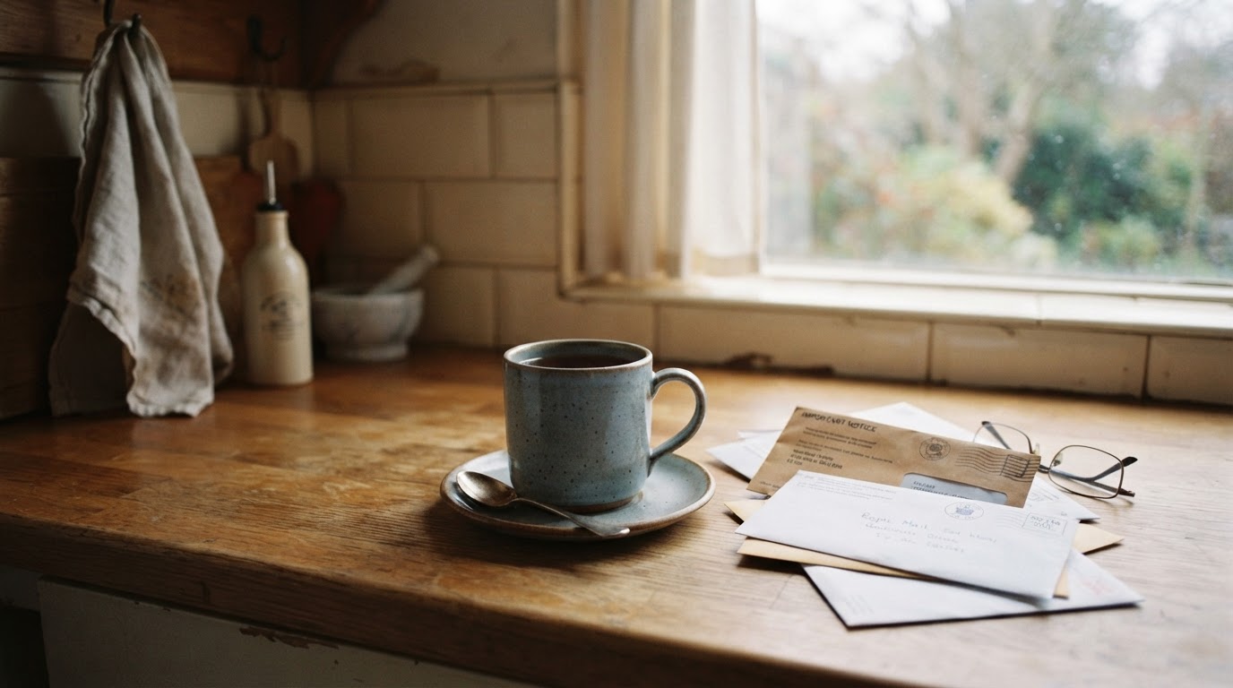 An untouched cup of tea going cold on a kitchen worktop with unopened post nearby, suggesting something is being neglected