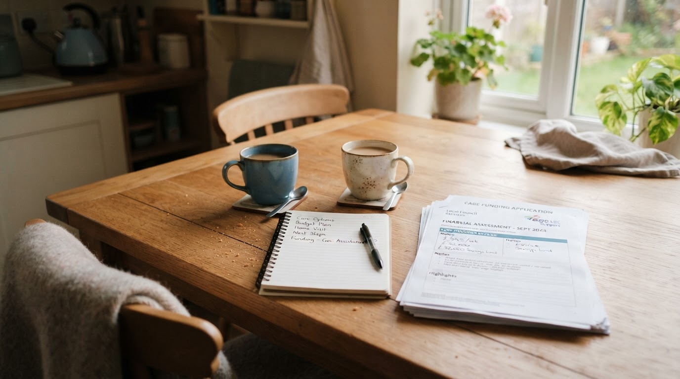 A kitchen table with two cups of tea and care funding paperwork, ready for an honest conversation about costs