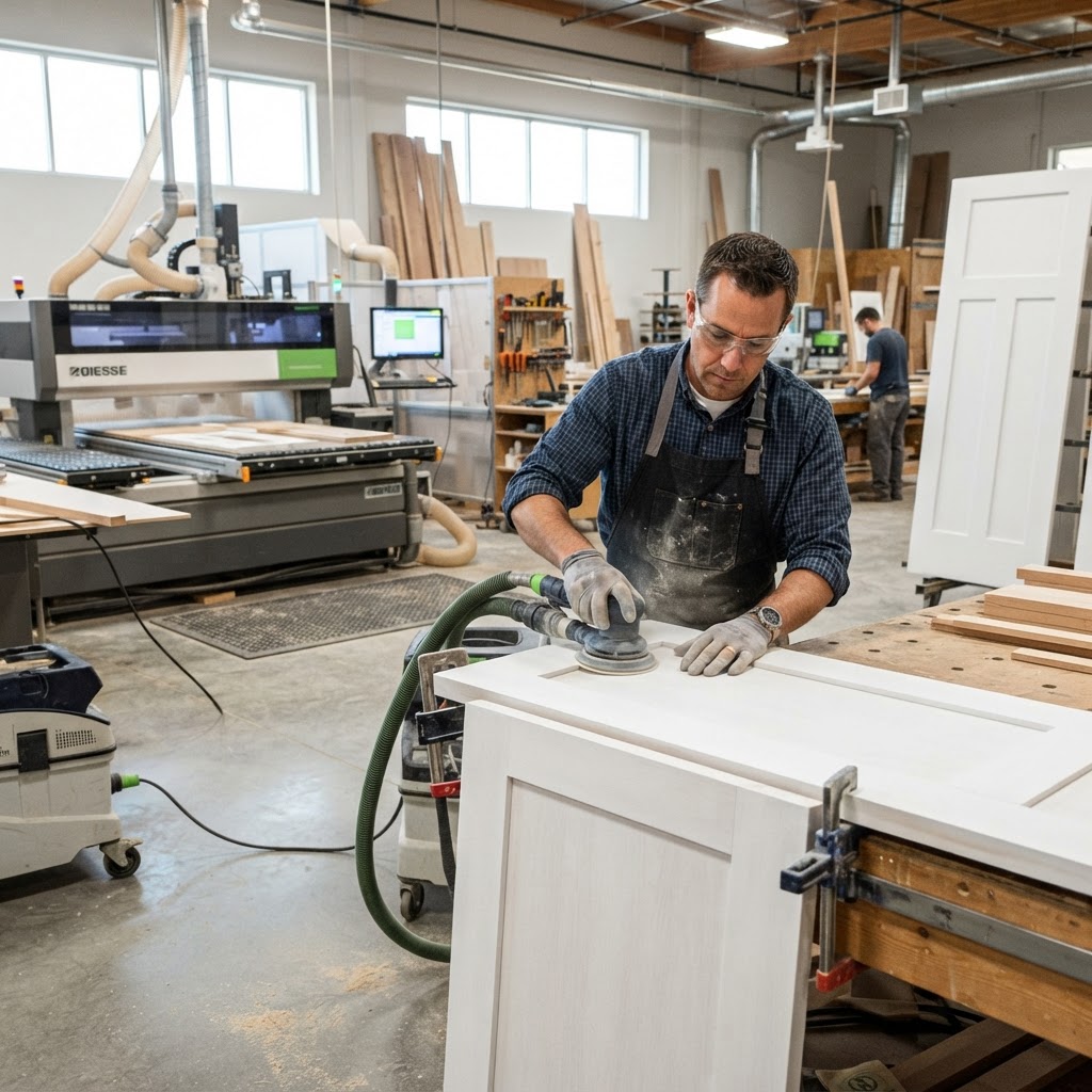 Craftsman custom cutting and finishing doors in our shop