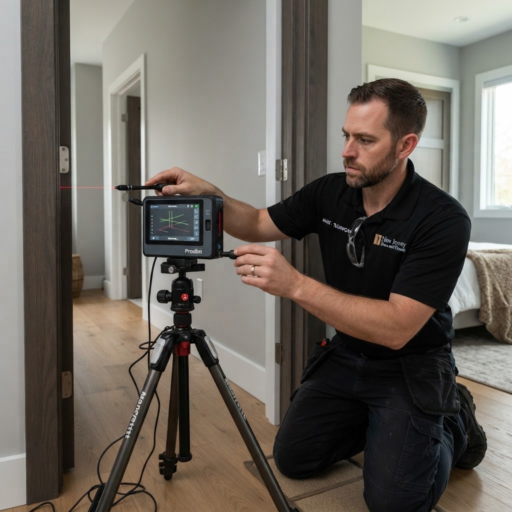 Technician using 3D laser measuring device for door frames