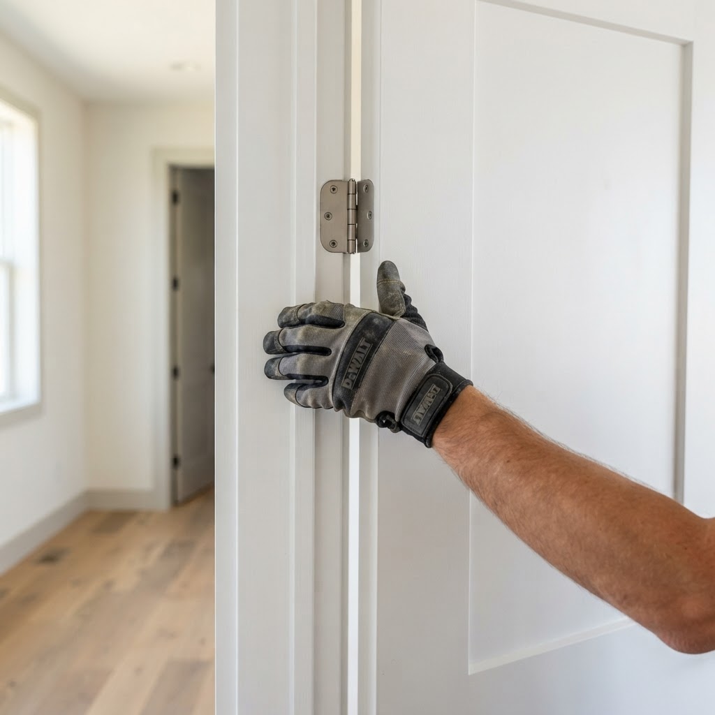 Professional contractor installing a custom interior door by hand