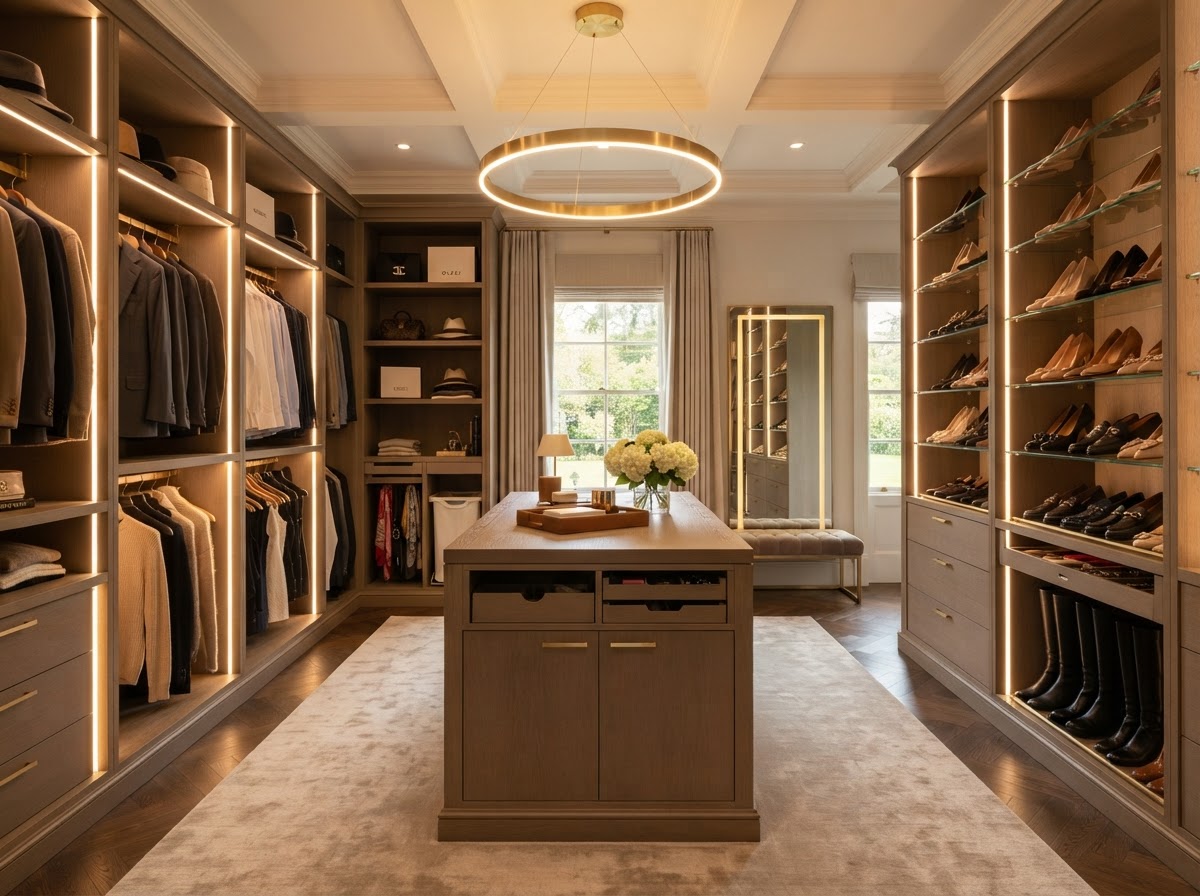 Luxury custom master walk-in dressing room with warm architectural lighting and center island