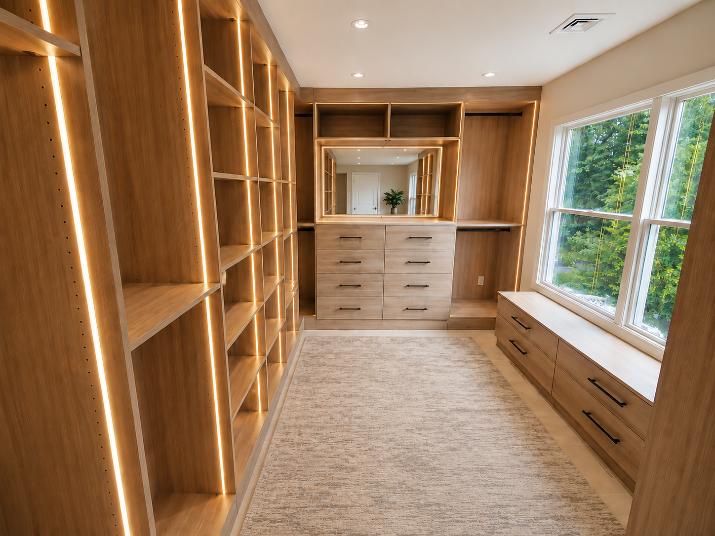 Custom walk-in closet designed and installed by New Jersey Doors & Closets
